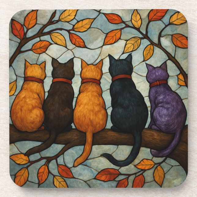 Five Cats on a Tree Branch Stained Glass Style Beverage Coaster (Front)