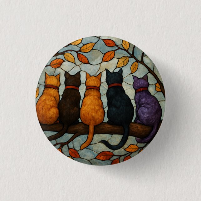 Five Cats on a Tree Branch Stained Glass Style Button (Front)