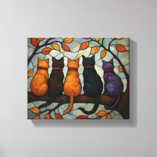 Five Cats on a Tree Branch Stained Glass Style Canvas Print