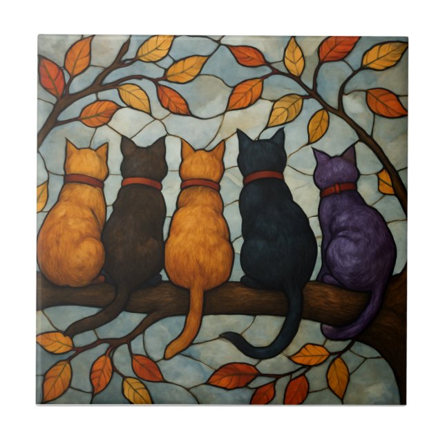 Five Cats on a Tree Branch Stained Glass Style Ceramic Tile (Front)