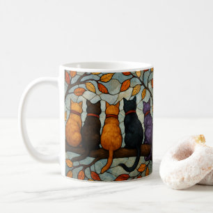 Five Cats on a Tree Branch Stained Glass Style Coffee Mug