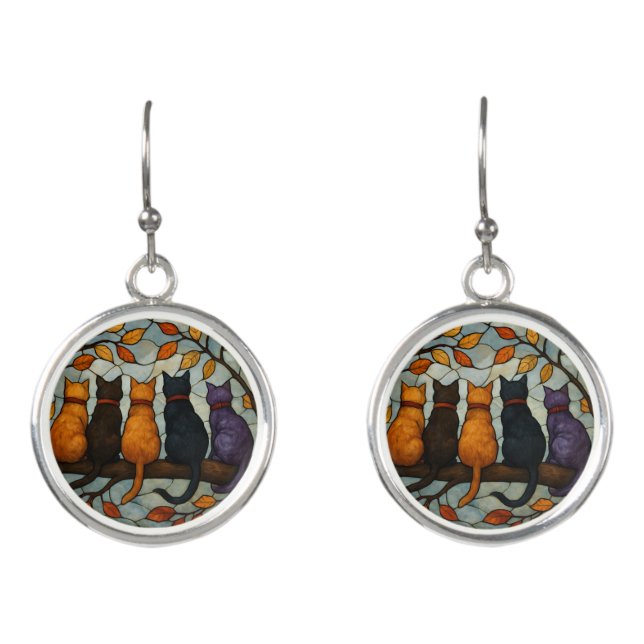 Five Cats on a Tree Branch Stained Glass Style Earrings (Front)
