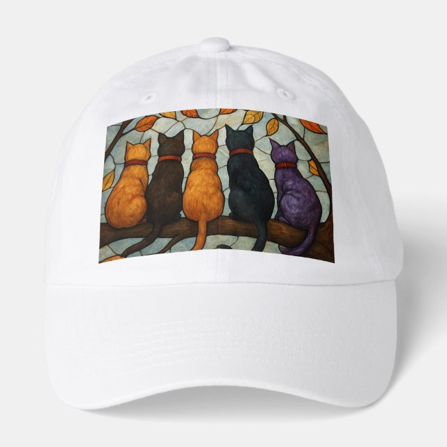 Five Cats on a Tree Branch Stained Glass Style Hat (Front)