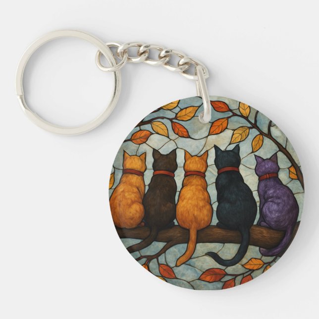 Five Cats on a Tree Branch Stained Glass Style Keychain (Front)