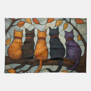 Five Cats on a Tree Branch Stained Glass Style Kitchen Towel