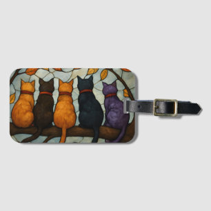 Five Cats on a Tree Branch Stained Glass Style Luggage Tag