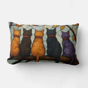 Five Cats on a Tree Branch Stained Glass Style Lumbar Pillow