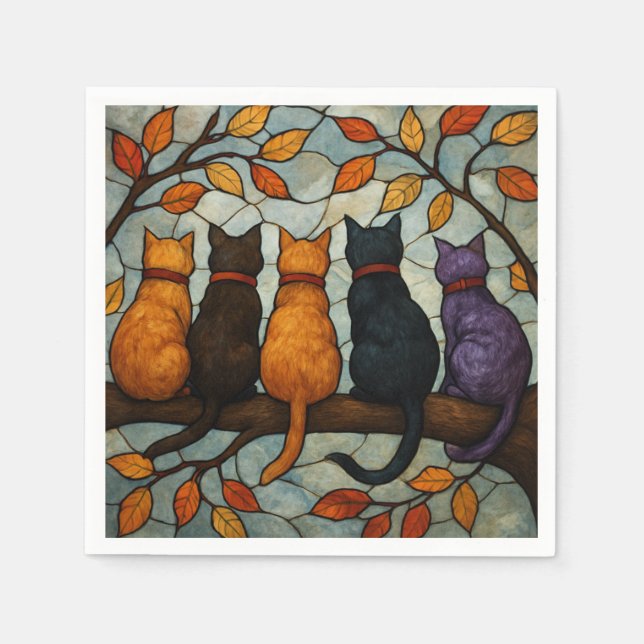 Five Cats on a Tree Branch Stained Glass Style Napkins (Front)