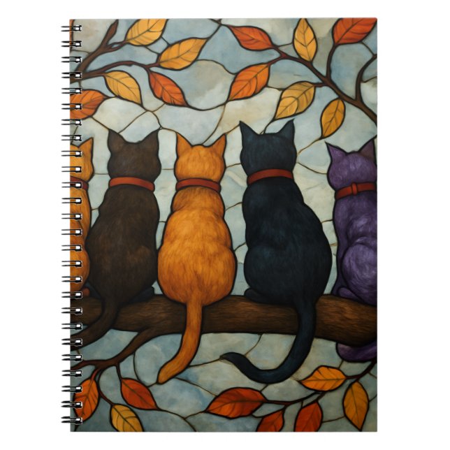 Five Cats on a Tree Branch Stained Glass Style Notebook (Front)