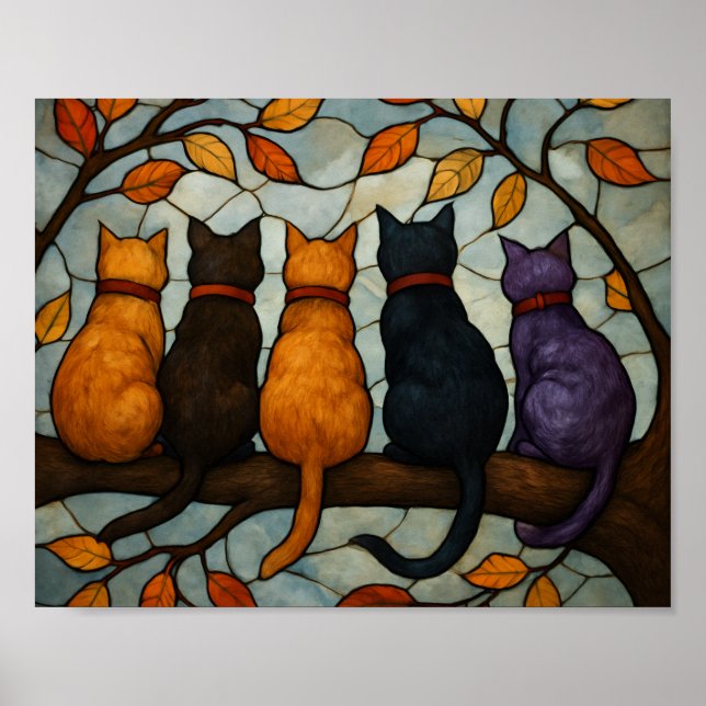 Five Cats on a Tree Branch Stained Glass Style Poster (Front)