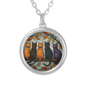 Five Cats on a Tree Branch Stained Glass Style Silver Plated Necklace