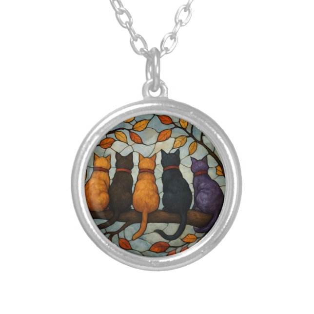 Five Cats on a Tree Branch Stained Glass Style Silver Plated Necklace (Front)
