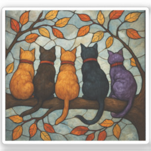 Five Cats on a Tree Branch Stained Glass Style Sticker