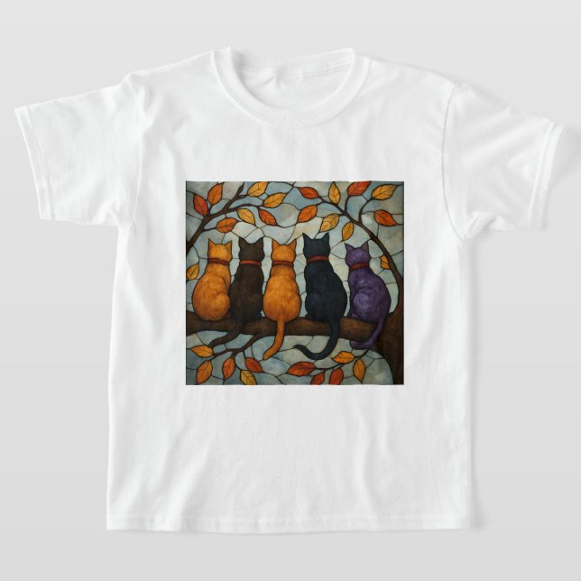 Five Cats on a Tree Branch Stained Glass Style T-Shirt (Laydown)
