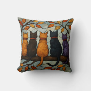 Five Cats on a Tree Branch Stained Glass Style Throw Pillow