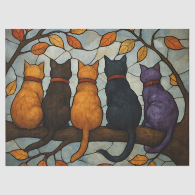 Five Cats on a Tree Branch Stained Glass Style Tissue Paper (Front)
