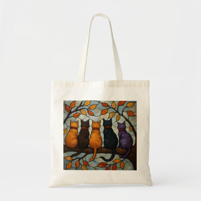 Five Cats on a Tree Branch Stained Glass Style Tote Bag (Front)