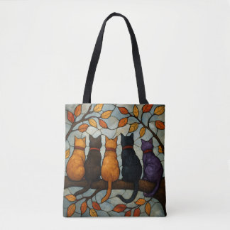 Five Cats on a Tree Branch Stained Glass Style Tote Bag