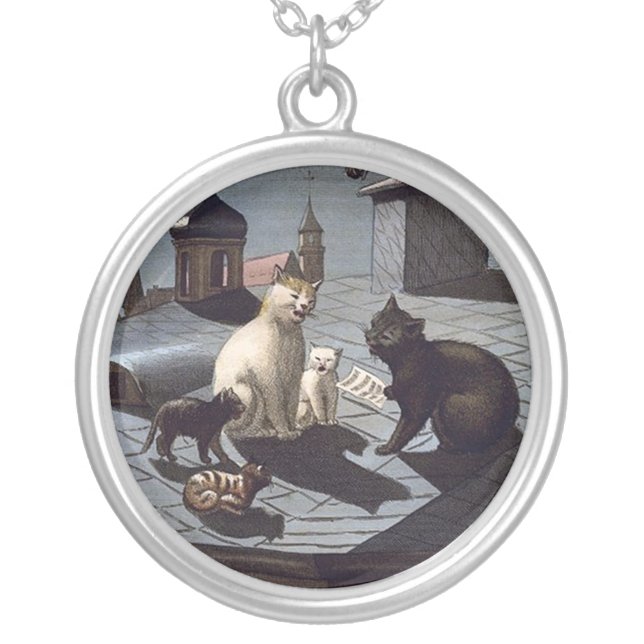 Five Cats Singing On A Roof Silver Plated Necklace (Front)