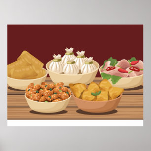 five chinese food in table poster