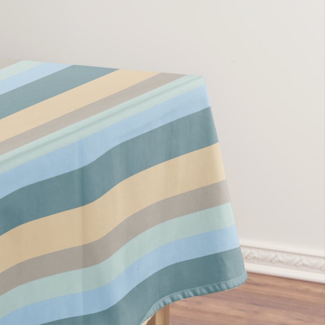 Five Color Striped Blue Brown Sand Beige Turquoise Tablecloth (In Situ)
