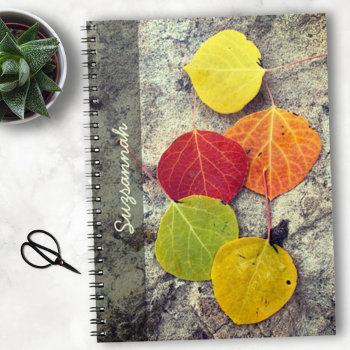 Five Colorful Autumn Aspen Leaves Custom Notebook by PaPr_Emporium at Zazzle