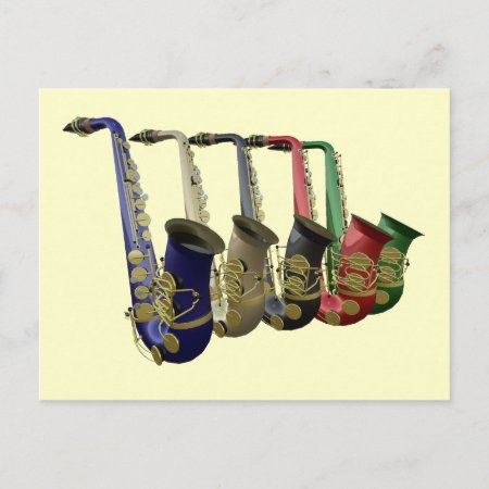 Five Colorful Saxophones In A Line Postcard