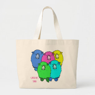 Five coloured cartoon sheep with your name yarn large tote bag
