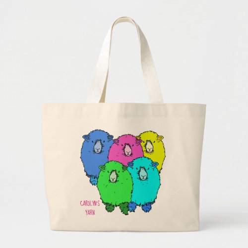 Five coloured cartoon sheep with your name yarn large tote bag