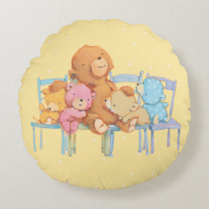 Five Cuddly and Colorful Bears On Chairs Round Pillow