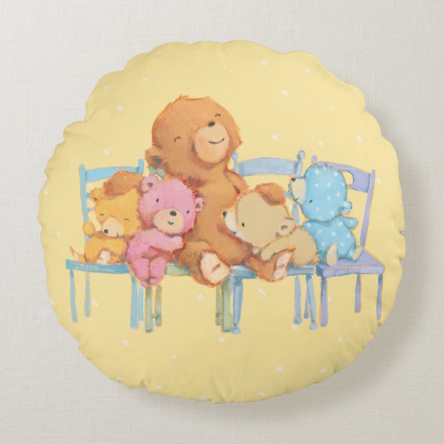 Five Cuddly and Colorful Bears On Chairs Round Pillow (Front)