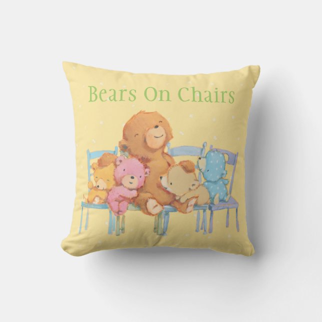 Five Cuddly and Colorful Bears On Chairs Throw Pillow (Front)