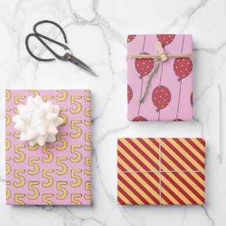 Cute Balloons Pink, Yellow & Red Kids 5th Birthday Wrapping Paper Sheets
