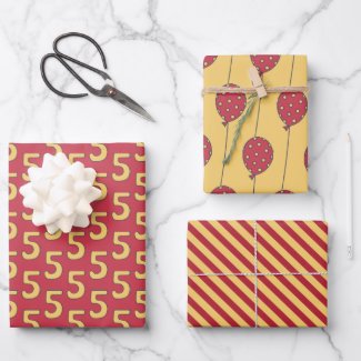 Five! Cute Balloons Yellow & Red Kids 5th Birthday Wrapping Paper Sheets