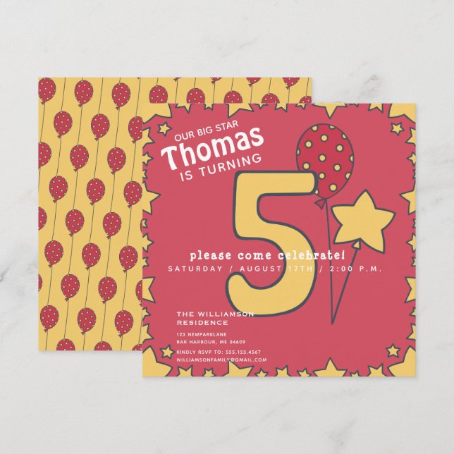 Five Cute Red Yellow Kids 5th Birthday Invitation (Front/Back)