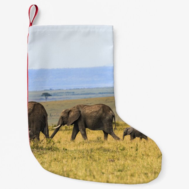 FIVE ELEPHANTS ON BROWN GRASS SMALL CHRISTMAS STOCKING (Front)