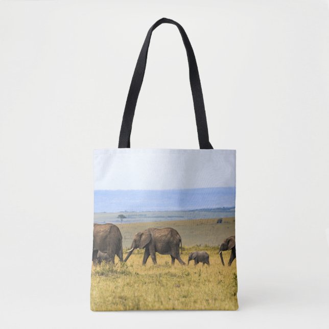 FIVE ELEPHANTS ON BROWN GRASS TOTE BAG (Front)