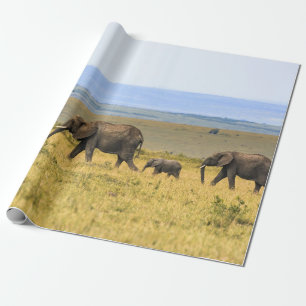 FIVE ELEPHANTS ON BROWN GRASS WRAPPING PAPER