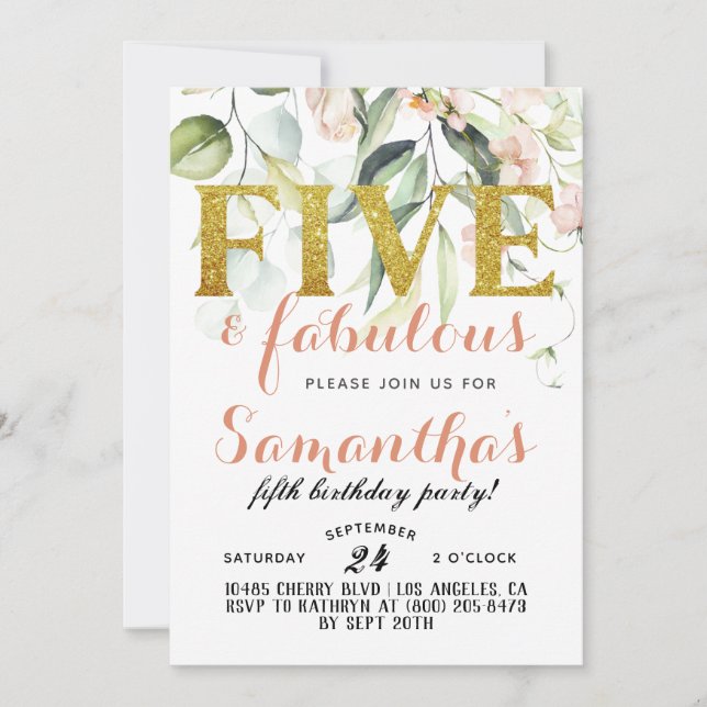 Five & Fabulous Girls Birthday Invitation (Front)