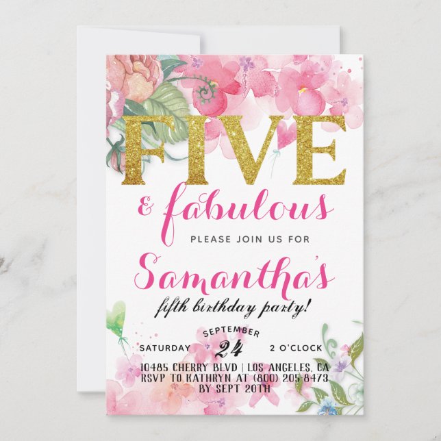 Five & Fabulous Girls Birthday Invitation (Front)