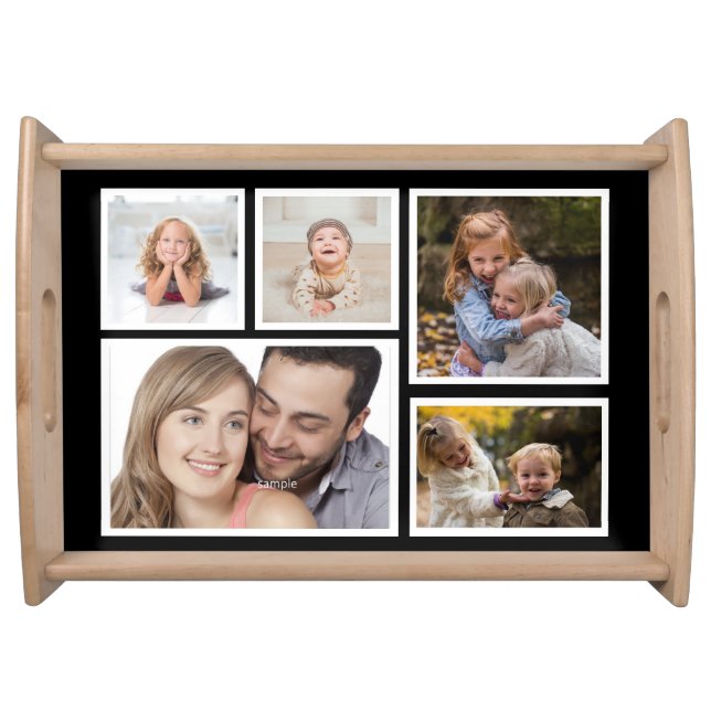 Five Family Photographs in Modern Black and White Serving Tray (Front)