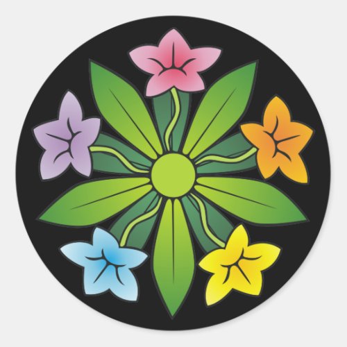Five flowers in rainbow colors classic round sticker