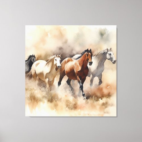 âœFive Galloping Mustangsâ Dusty Western Watercolou Canvas Print