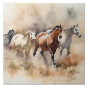 “Five Galloping Mustangs” Dusty Western Watercolou Ceramic Tile