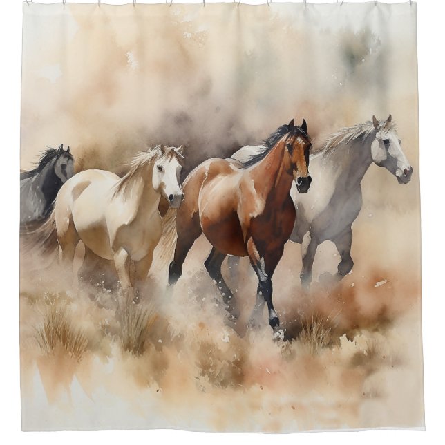 “Five Galloping Mustangs” Dusty Western Watercolou Shower Curtain (Front)
