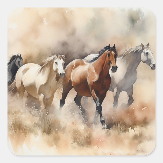 “Five Galloping Mustangs” Dusty Western Watercolou Square Sticker (Front)