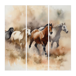“Five Galloping Mustangs” Dusty Western Watercolou Triptych