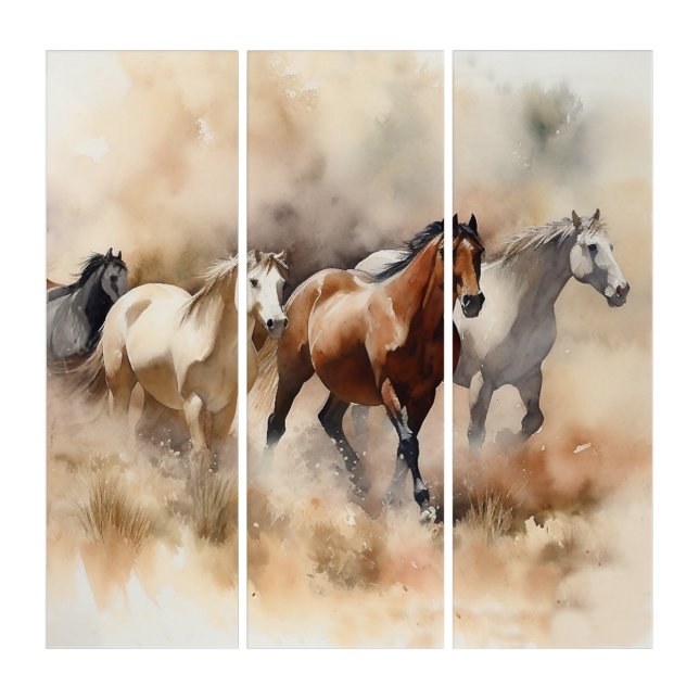“Five Galloping Mustangs” Dusty Western Watercolou Triptych (Front)