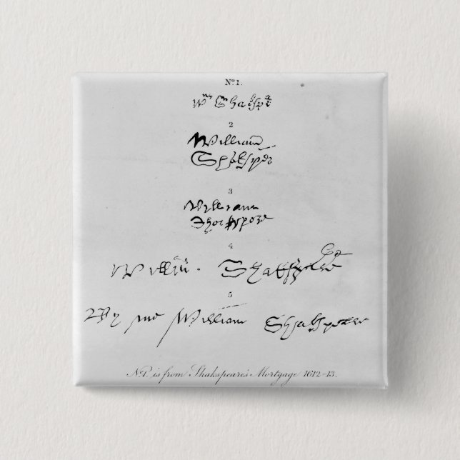 Five Genuine Autographs of William Shakespeare Button (Front)