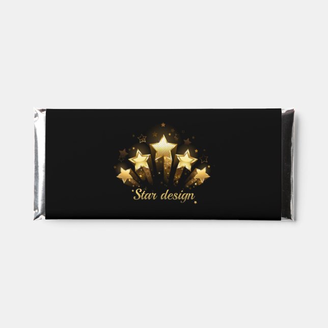 Five gold stars on black hershey bar favors (Front)